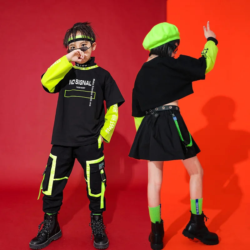 Hip Hop Clothing Girls Green Long Sleeves Black Tops Hip Hop Pants Ballroom Dance Clothes Kids Street Dance Stage Costume