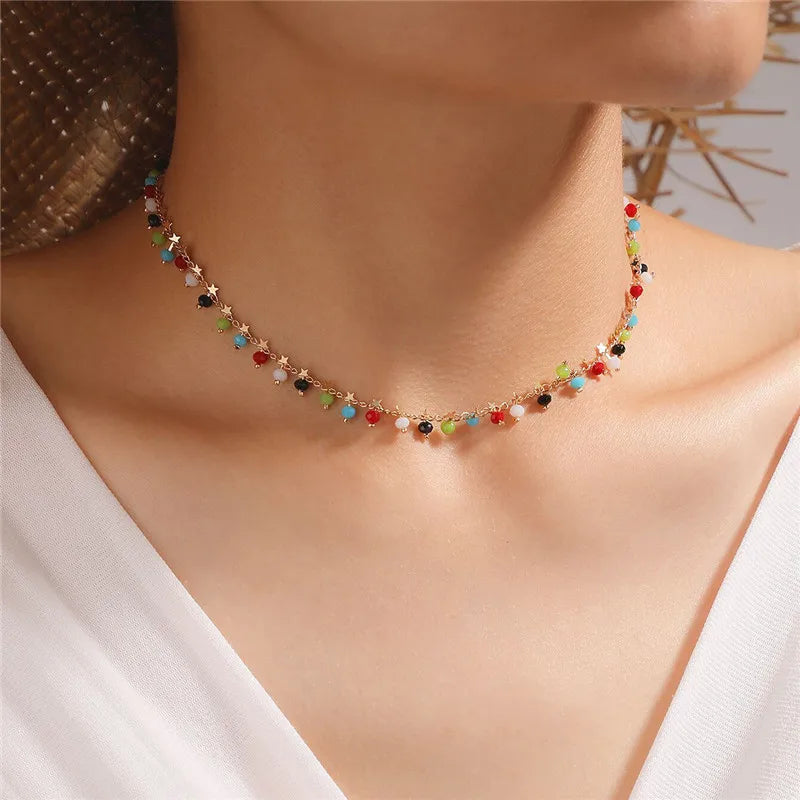 Simple Bohemia Elegant Choker Tassel Necklace for Women Colorful Drop Bead Short Chain Pearl Pendant Choker Necklaces Jewelry