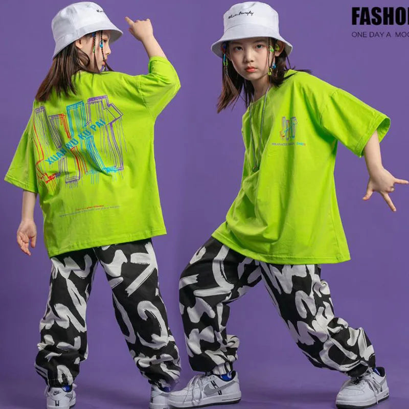 Girls Jazz Dance Costumes Hip Hop Outfits Loose Tshirt Jogger Pants Clothing Street Dancing Dress Suit Kids Modern Stage Wear