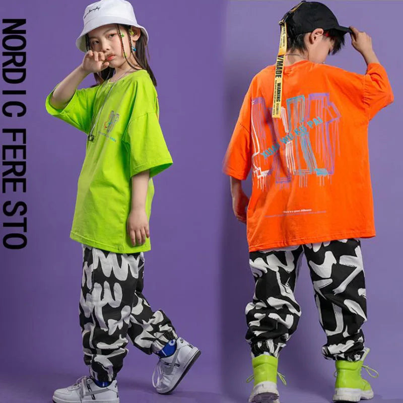 Girls Jazz Dance Costumes Hip Hop Outfits Loose Tshirt Jogger Pants Clothing Street Dancing Dress Suit Kids Modern Stage Wear