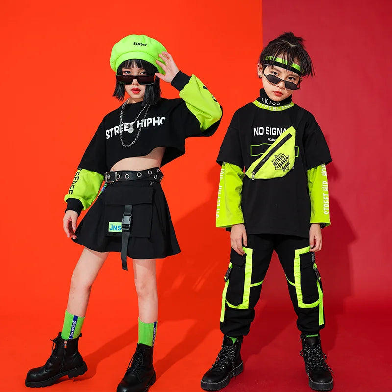 Hip Hop Clothing Girls Green Long Sleeves Black Tops Hip Hop Pants Ballroom Dance Clothes Kids Street Dance Stage Costume