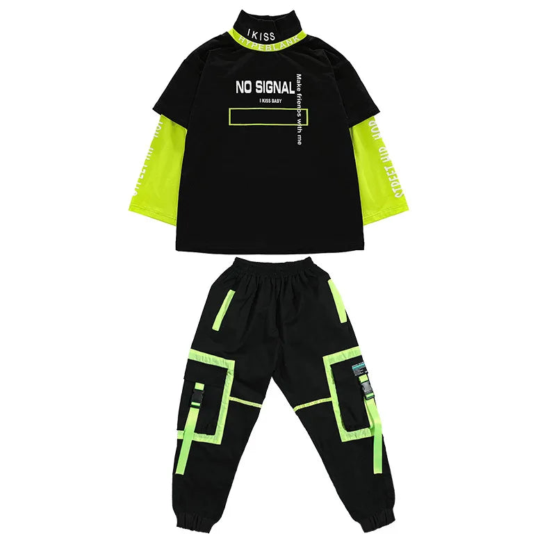 Hip Hop Clothing Girls Green Long Sleeves Black Tops Hip Hop Pants Ballroom Dance Clothes Kids Street Dance Stage Costume