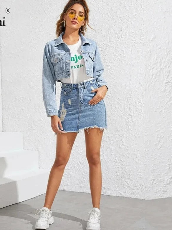 Long Sleeve Short Vintage Denim Jacket