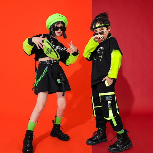 Hip Hop Clothing Girls Green Long Sleeves Black Tops Hip Hop Pants Ballroom Dance Clothes Kids Street Dance Stage Costume