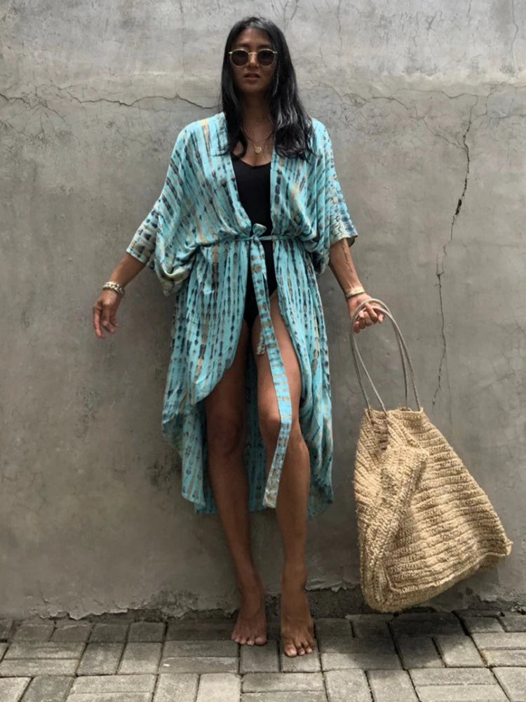 Summer Beach Cover Ups Vintage Printed Belted Kimono Swimwear Long Cardigan Casual Loose Beachwear Outfits Swimsuit Covers Robe