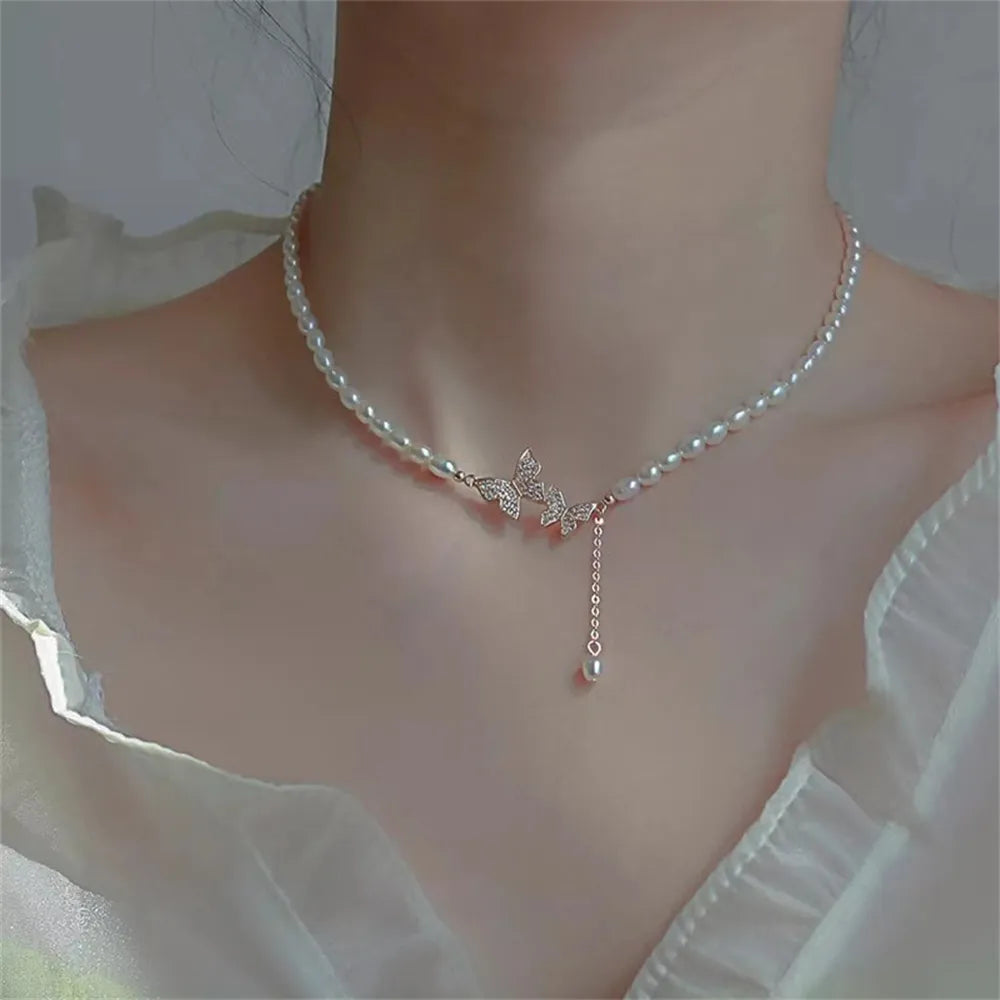 Vintage Pearl Chain Necklace With Butterfly Pendant Charms Silvery Color Neck Jewelry For Women Party Gifts