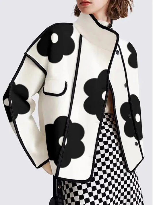 Panelled Stand Collar Flower Print Women Jacket Long Sleeve Covered Button Female Coat 2023 Autumn Winter Street Lady Jacket