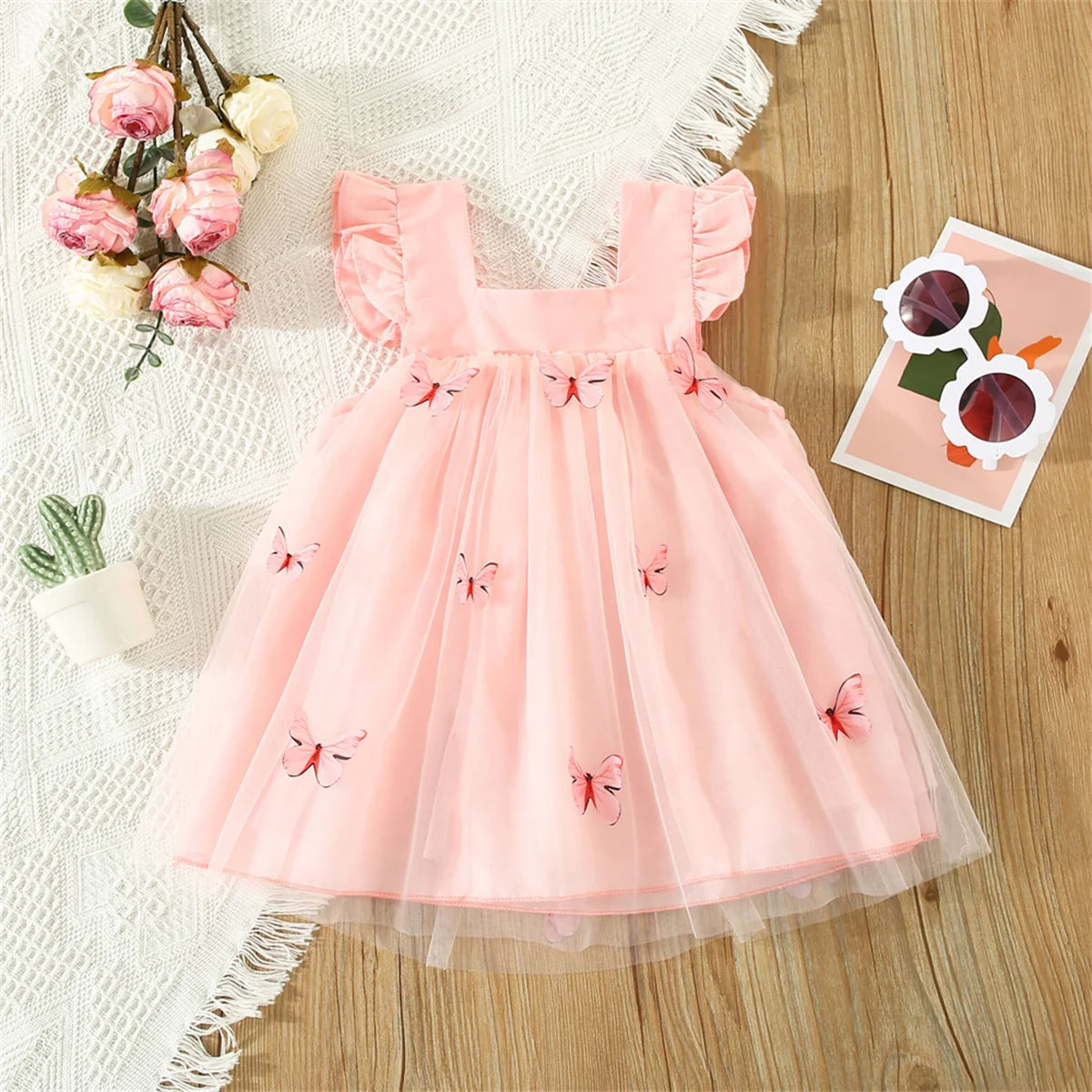 Sweet Beauty Children'S Dress 2023 Summer New Solid Color 3d Butterfly Embroidery Mesh Flying Sleeves Daily Knee Length 0-3 Year