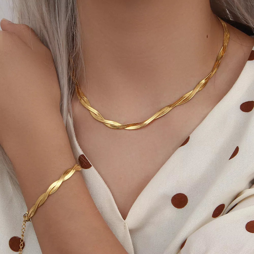 Gold Chain Necklace Bracelets Set Wholesale Stainless Steel Jewelry For Women Girl Plated Waterproof Braided New Herringbone