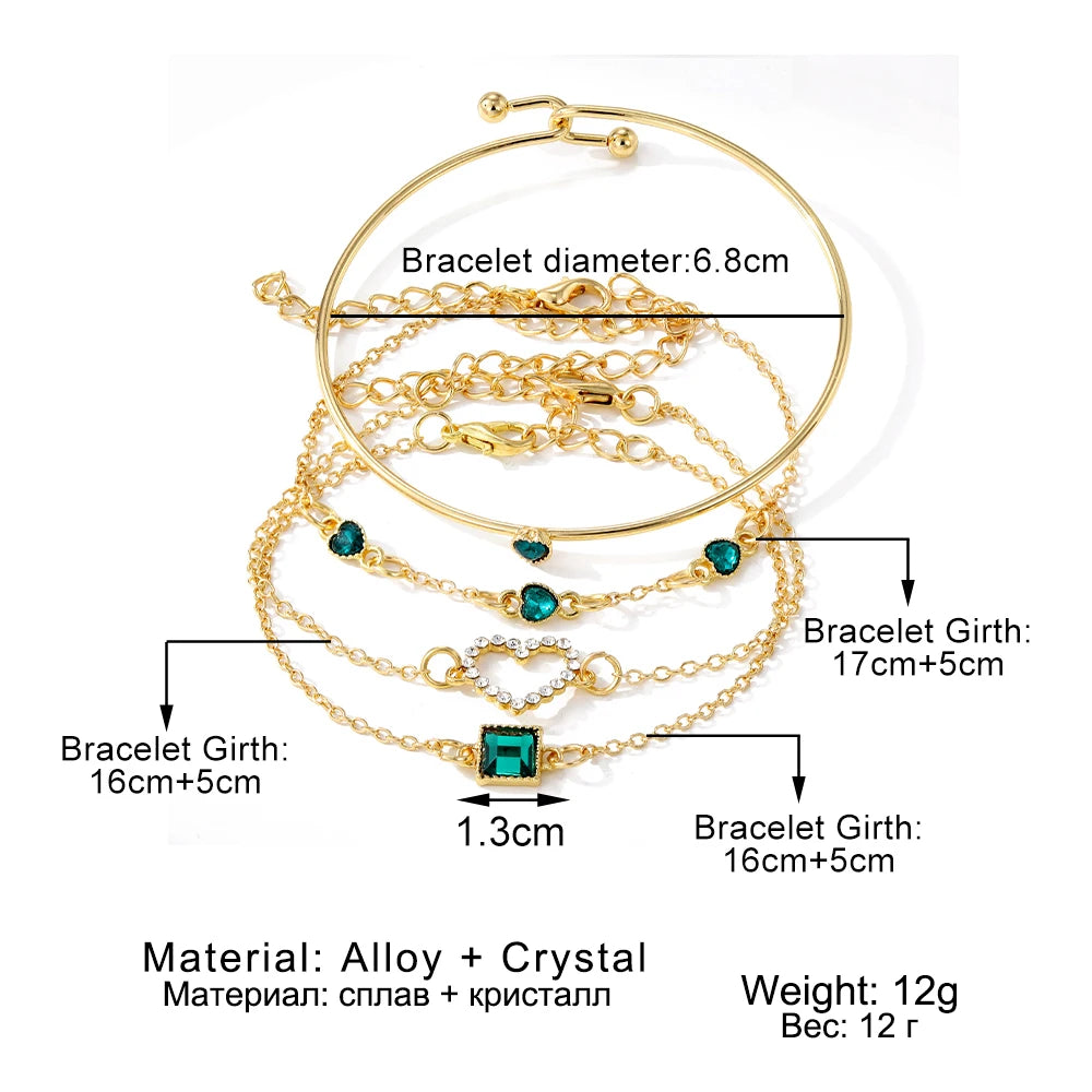 IFMIA 4pc Green Crystal Bracelet Jewelry Set for Women Heart Bracelets Wedding Engagement Woman Fashion Jewelry Pulsera