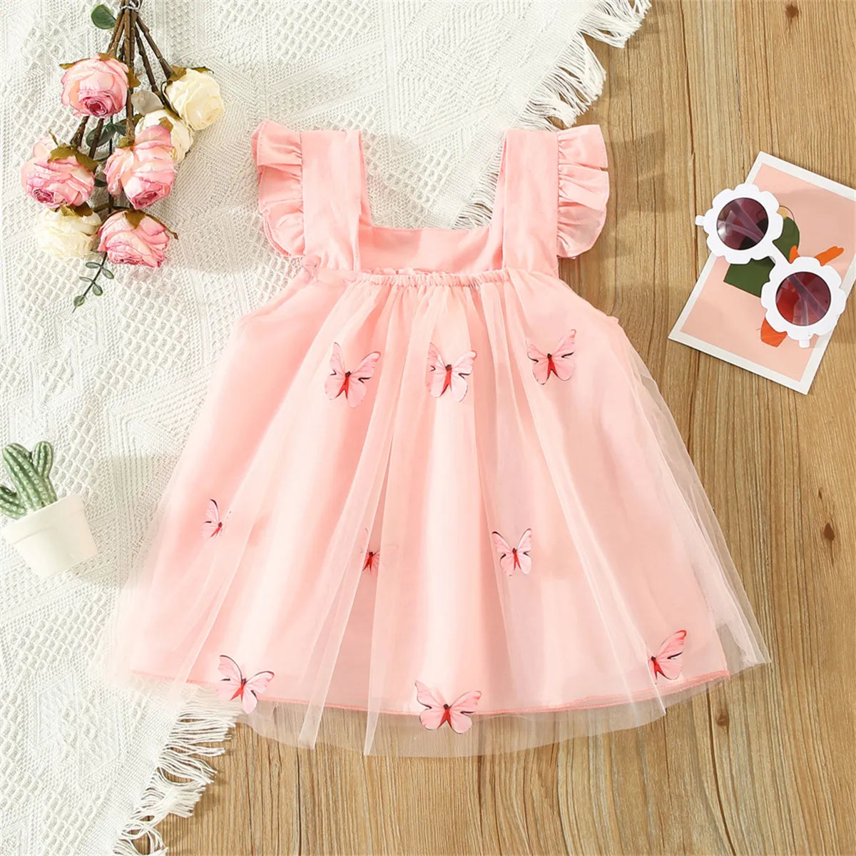 Sweet Beauty Children'S Dress 2023 Summer New Solid Color 3d Butterfly Embroidery Mesh Flying Sleeves Daily Knee Length 0-3 Year