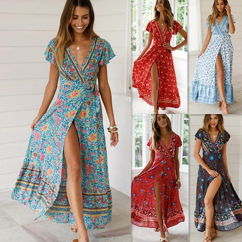 New Ladies Sexy V-neck  Long Dress Cardigan Broken Bouquet Waist Belt Split Print Dresses Summer Women's Cover-ups Beach Dress