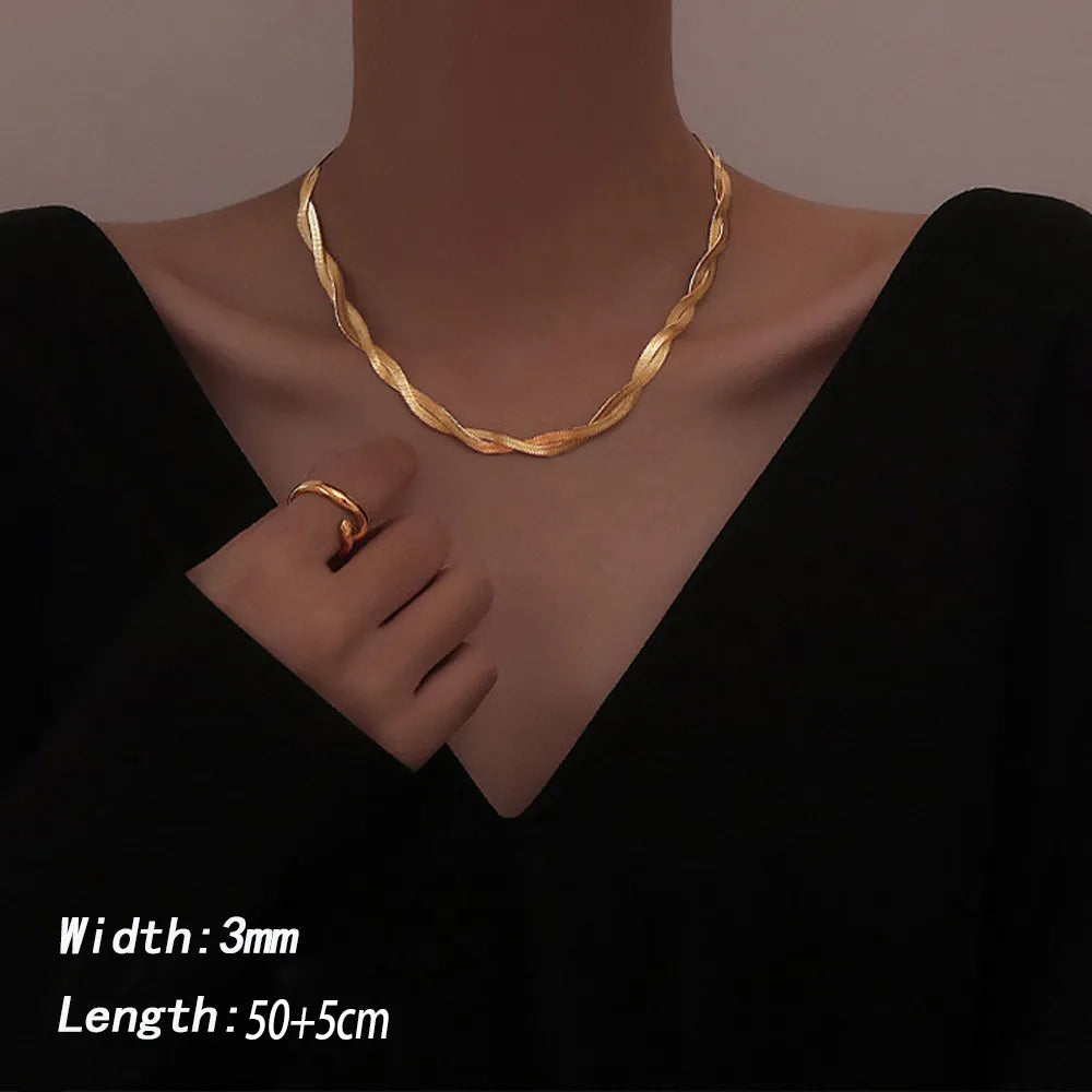 Gold Chain Necklace Bracelets Set Wholesale Stainless Steel Jewelry For Women Girl Plated Waterproof Braided New Herringbone