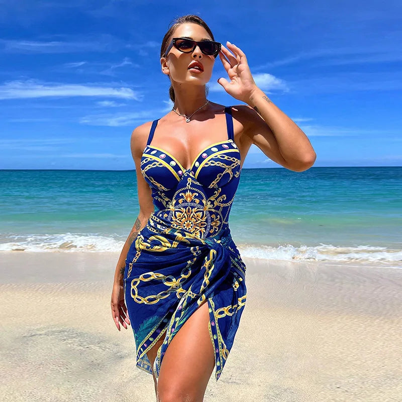 Summer NEW Print Push Up One Piece Swimsuit With Beach Skirt V Neck Swimwear Women Beachwear Bathing Suit Vintage Monokini