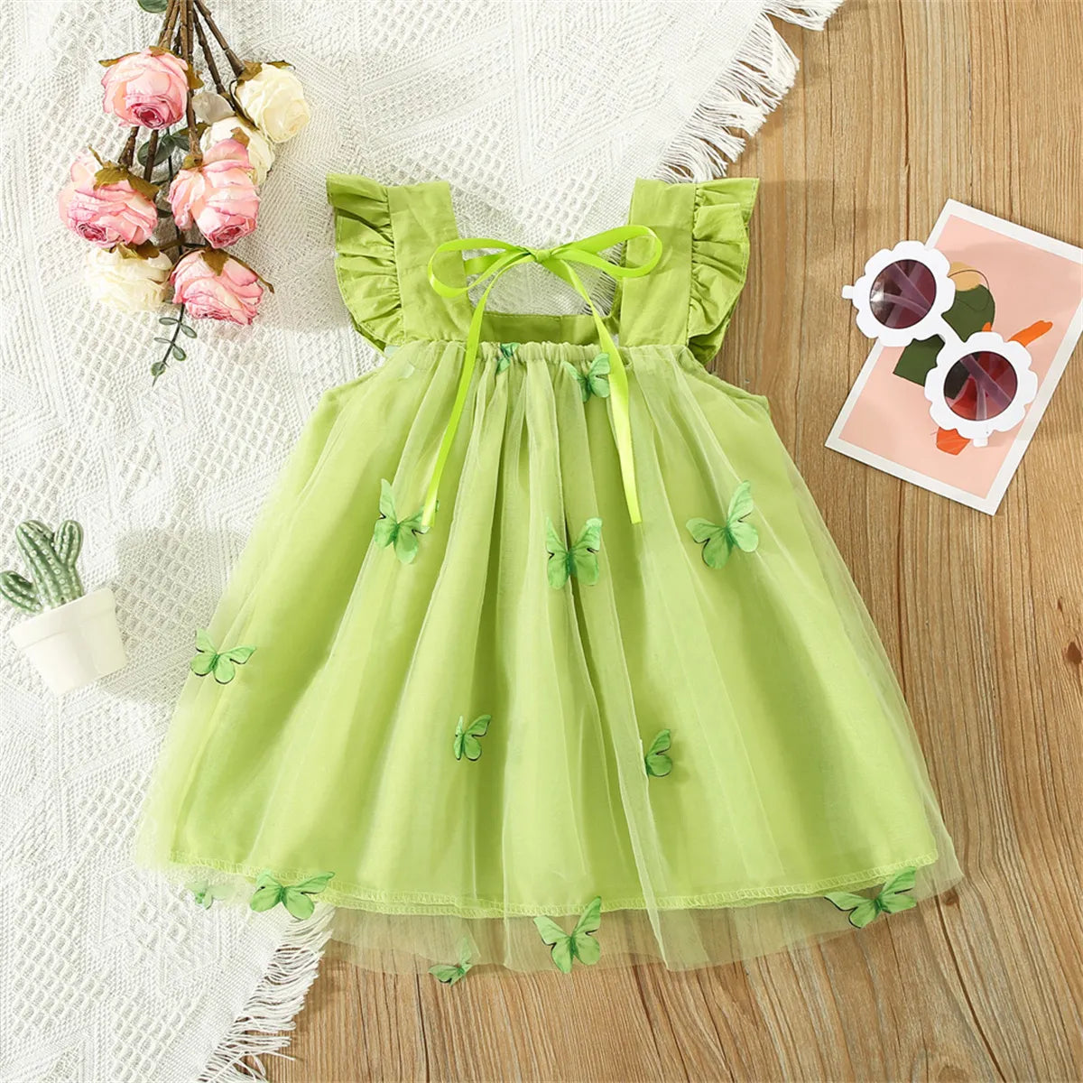 Sweet Beauty Children'S Dress 2023 Summer New Solid Color 3d Butterfly Embroidery Mesh Flying Sleeves Daily Knee Length 0-3 Year