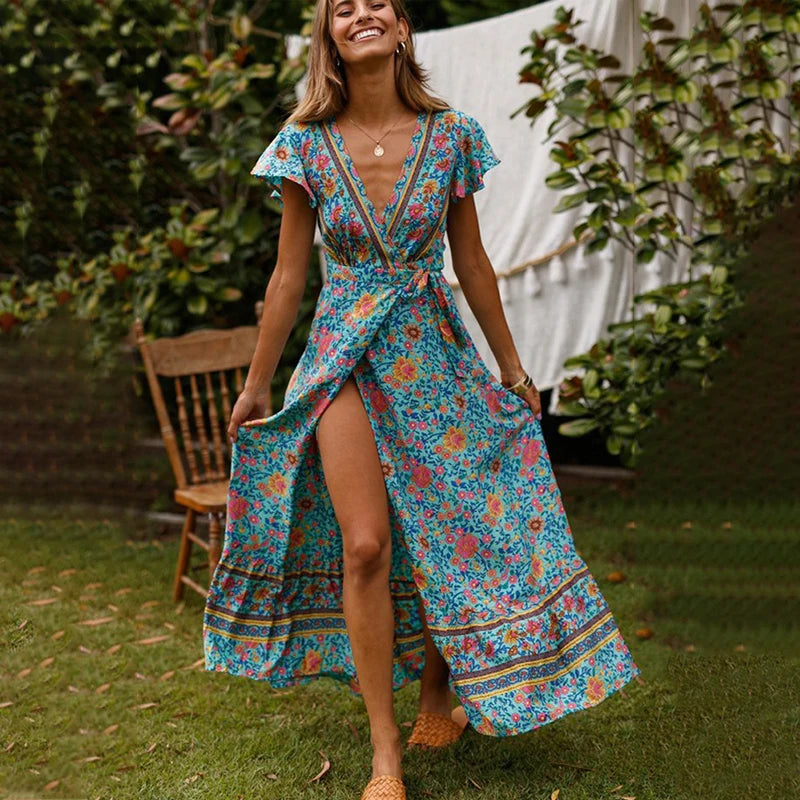 New Ladies Sexy V-neck  Long Dress Cardigan Broken Bouquet Waist Belt Split Print Dresses Summer Women's Cover-ups Beach Dress