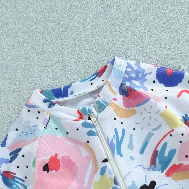 Baby Girls Boys Rash Guard Swimsuit Playsuits Rompers Watercolour Print Zipper Short Sleeve Sun Protection Bathing Suit