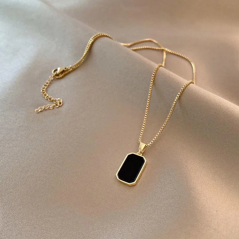 Stainless Steel Minimalist Square Pendant Korean Black Enamel Women's Gold Color Vintage Necklace Exquisite Long Jewelry Gift