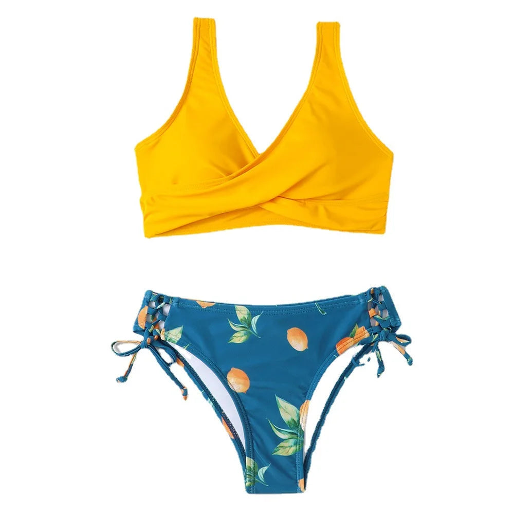 Yellow Lemon Print Low-Waist Bikini  Swimsuit Two Pieces