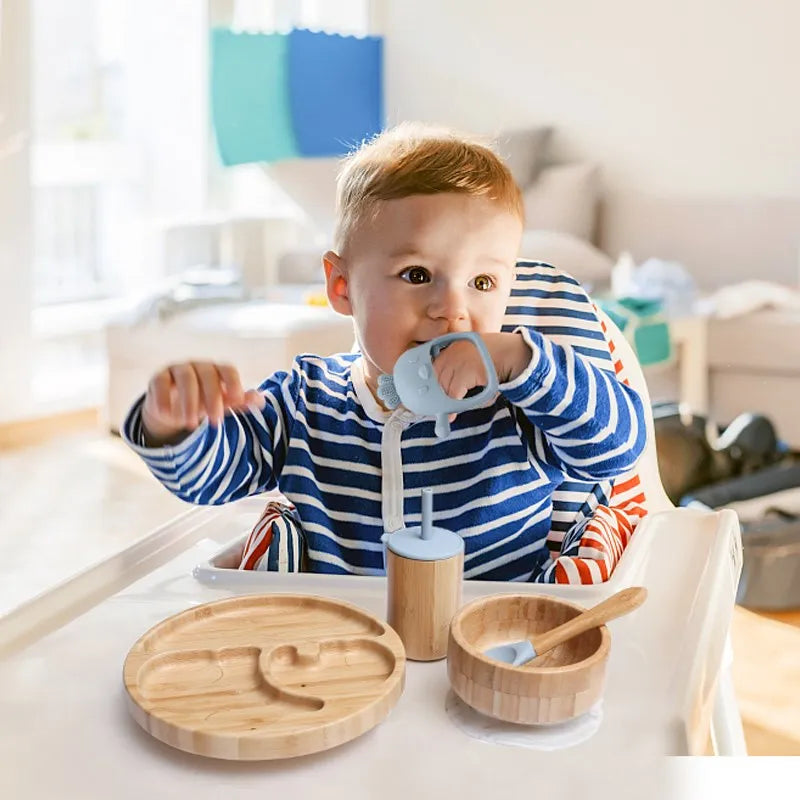 7Pcs/Set Children's Tableware Baby Bowl Plate Fork Spoon Cup Suction Feeding Food Bamboo Tableware With Silicone Suction Cup