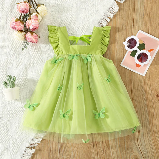 Sweet Beauty Children'S Dress 2023 Summer New Solid Color 3d Butterfly Embroidery Mesh Flying Sleeves Daily Knee Length 0-3 Year