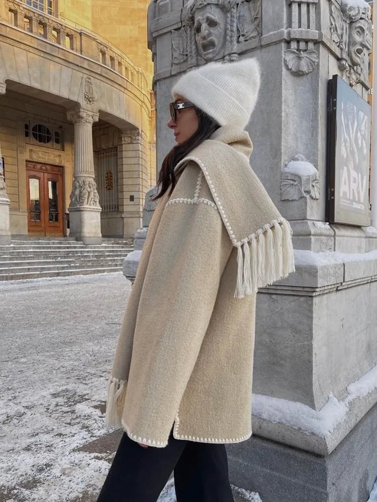 Women Fashion Warm Coats With Scarf Elegant Long Sleeve Pocket Single Breasted Jackets 2023 Autumn Winter Lady Loose Streetwear