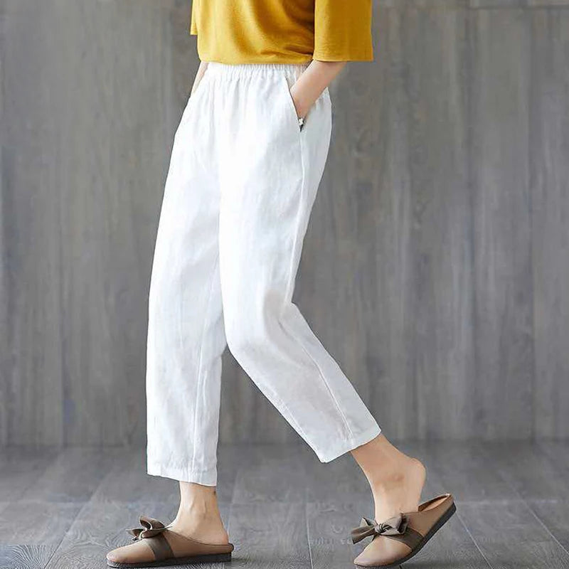 Women's Harem Pants Summer Cotton Linen Capri Pants Breathable Ankle-length Trousers Casual Retro Loose Mom Pant Solid Pockets