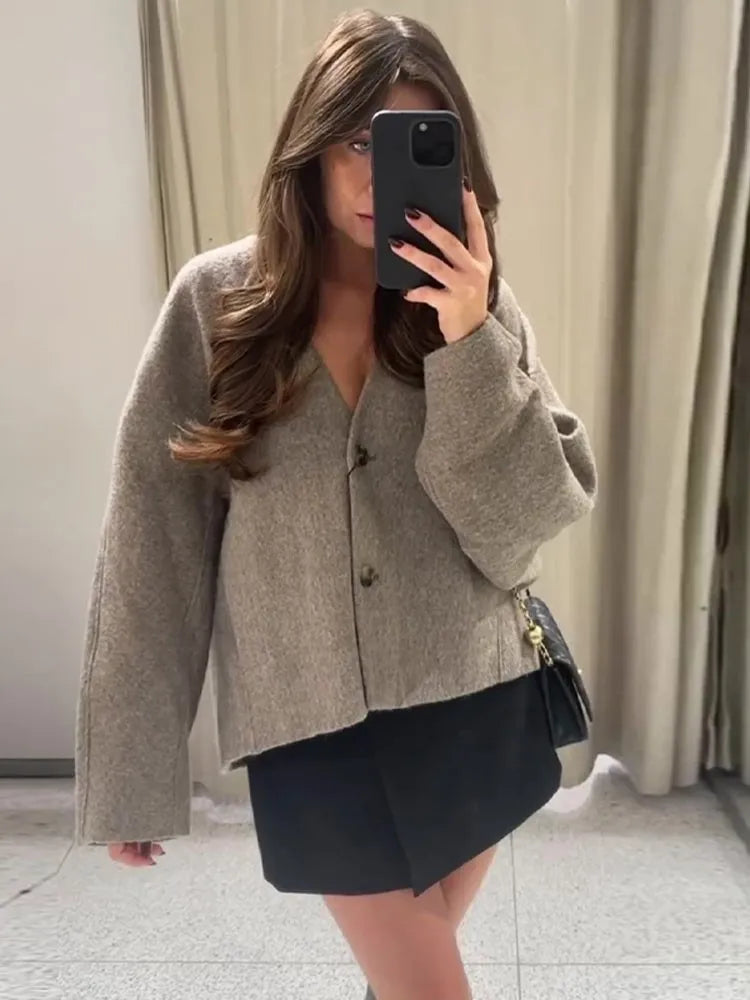 Elegant Straight Cut Wool Jacket Women Fashion V Neck Single Breasted Short Coat 2023 Autumn Chic Lady Office Street Outerwear