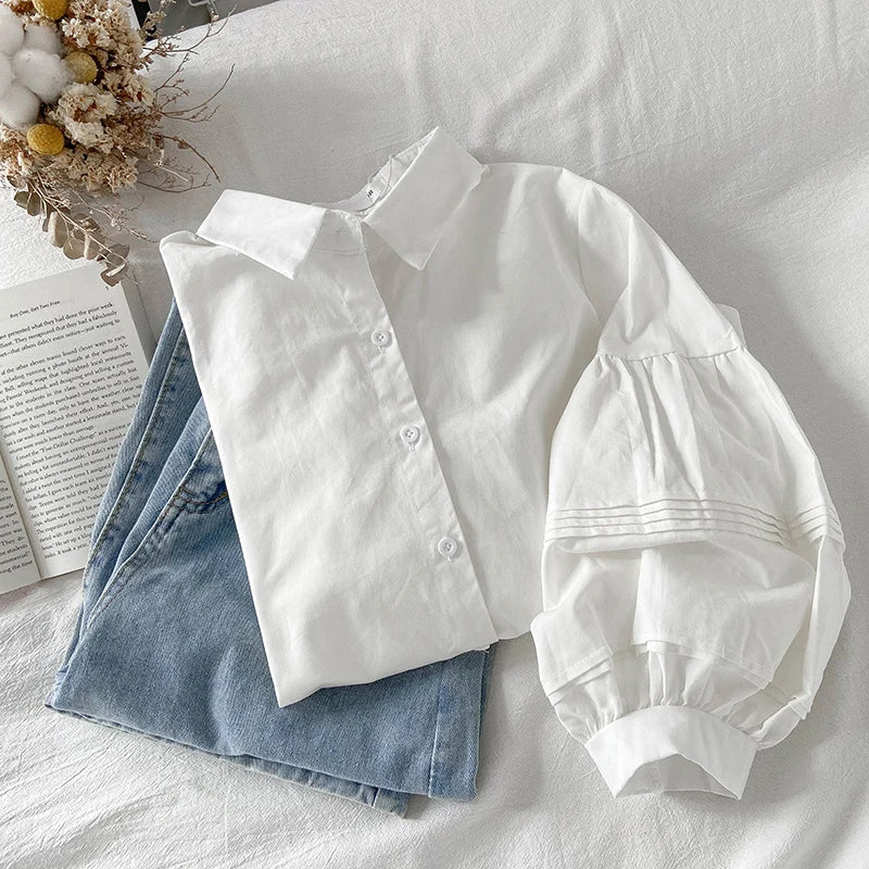 Sweet Puff Three Quarter Sleeve Women Shirts Casual White Fall Button Up Korean Shirts Fashion Turn Down Collar Loose Tops