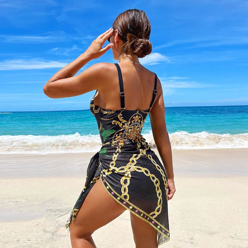 Summer NEW Print Push Up One Piece Swimsuit With Beach Skirt V Neck Swimwear Women Beachwear Bathing Suit Vintage Monokini