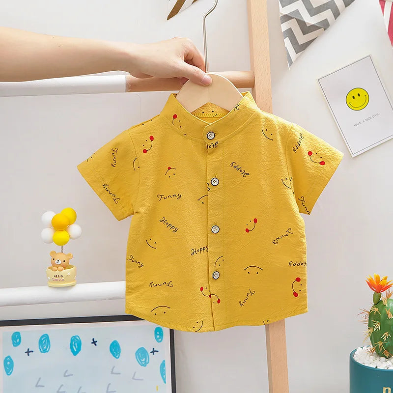 Summer Baby Boys Clothes Set Cute Printed Smile Short Sleeve T-Shirts Rompers Overalls 2Pcs Suits Toddler Kids Fashion Costume