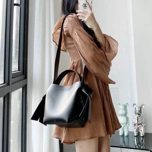 leather musibi bow one-shoulder Messenger bucket handbag