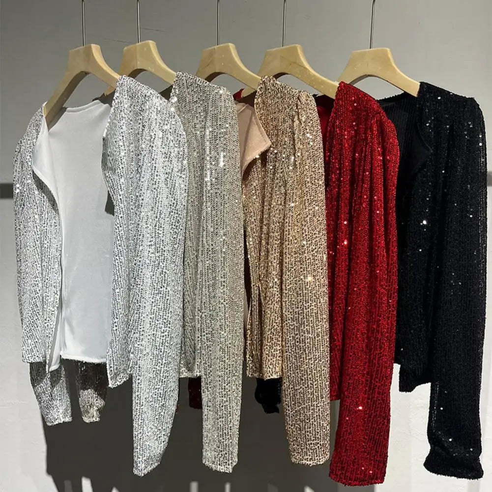 Chic Sequin Women Jackets Fashion Sparkly Glitter Office Lady Short Blazer Coat Slim Fit Open Front Cardigan Jacket Outwear