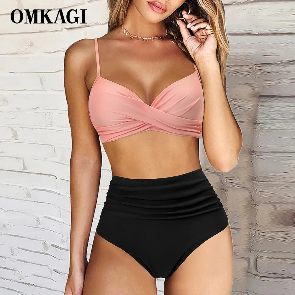 OMKAGI High Waist Bikini 2023 Women's Sexy Swimsuit Bikini Set Swimsuit Solid Push Up Srting Bathing Suit Print Swimwear Women