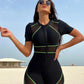 Peachtan Short Sleeve Surfing Suit Black One Piece Swimsuit Women 2023 New Patchwork Swimwear Sporty Swimwear Zippy Bathing Suit