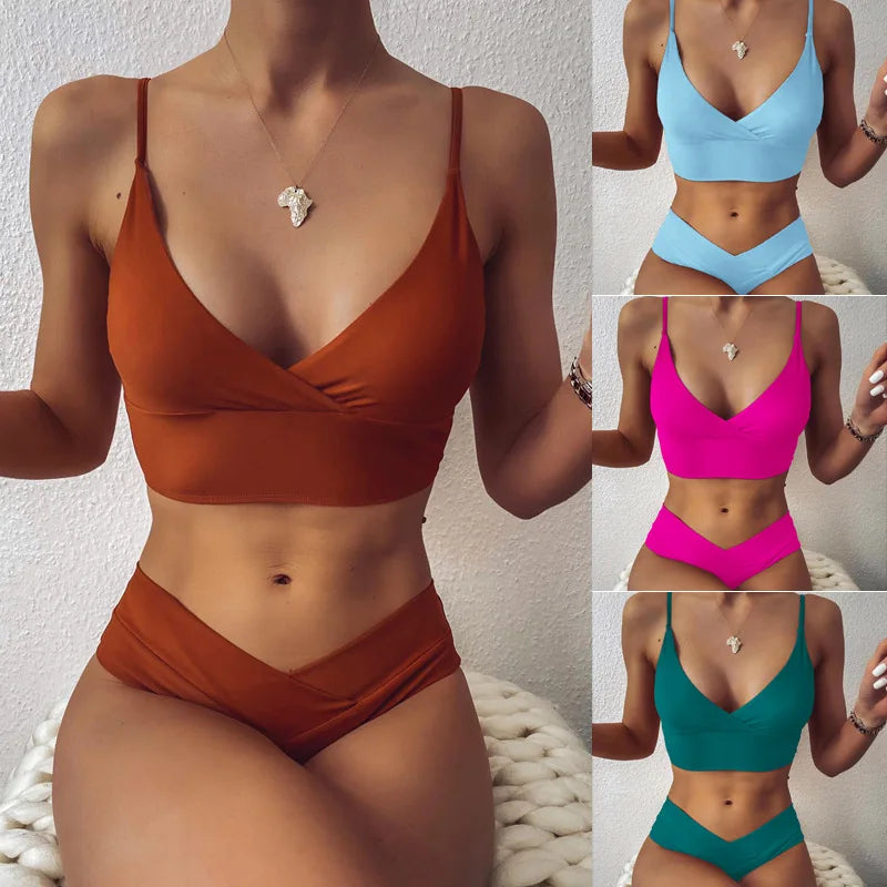 Women Sexy Swimsuit Solid Color Thong Bikinis Set Solid Color High Waist Swimwear Summer Push Up Padded Beachwear Bathing Suit