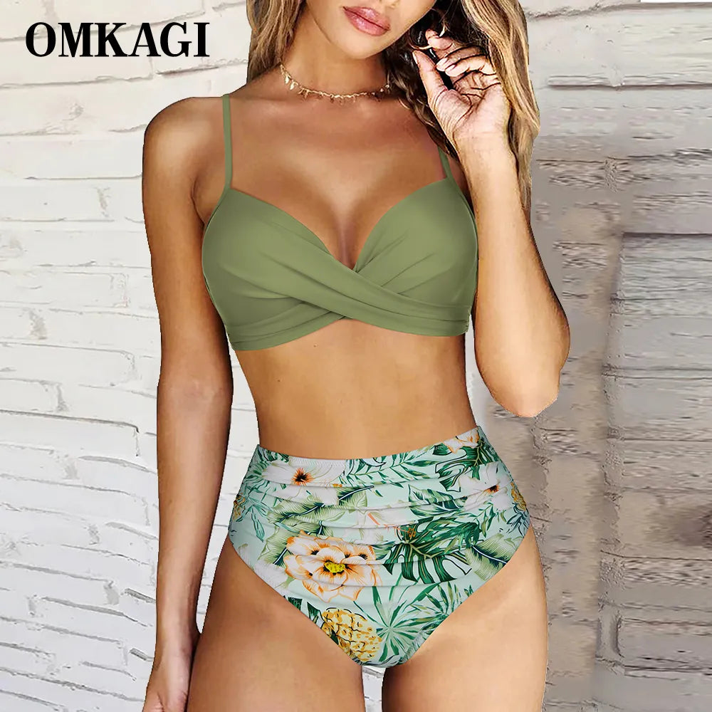 OMKAGI High Waist Bikini 2023 Women's Sexy Swimsuit Bikini Set Swimsuit Solid Push Up Srting Bathing Suit Print Swimwear Women