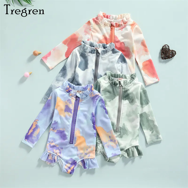 Tregren 1-5 Years Children Girls Tie-dye Swimsuit Kids Long Sleeve Zip-up Swimwear with Ruffles Rash Guards Beach Bathing Suit