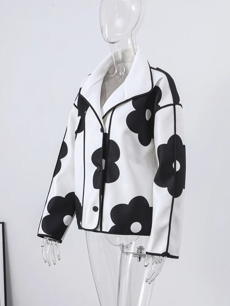 Panelled Stand Collar Flower Print Women Jacket Long Sleeve Covered Button Female Coat 2023 Autumn Winter Street Lady Jacket