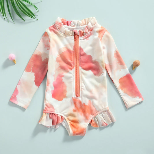 Tregren 1-5 Years Children Girls Tie-dye Swimsuit Kids Long Sleeve Zip-up Swimwear with Ruffles Rash Guards Beach Bathing Suit