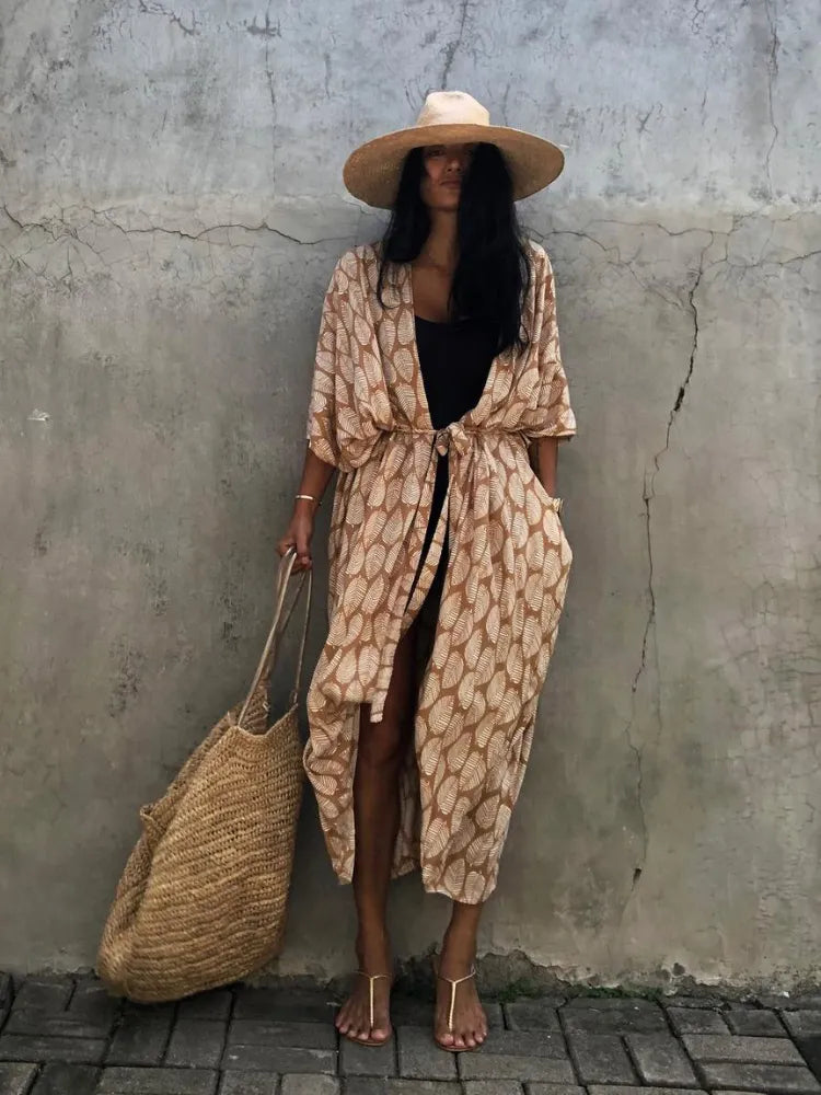 Summer Beach Cover Ups Vintage Printed Belted Kimono Swimwear Long Cardigan Casual Loose Beachwear Outfits Swimsuit Covers Robe