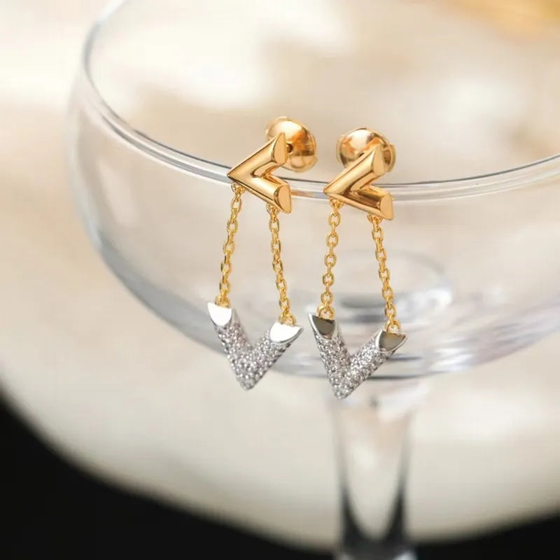 Crystal Letter V Dangle Earrings Gold/Silver colour