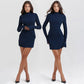 Half High Collar Women Long Sleeve Dress Slim Fit Decorative Pocket Waist Mini Dress Navy Blue Dress Solid Color Aily Outfit