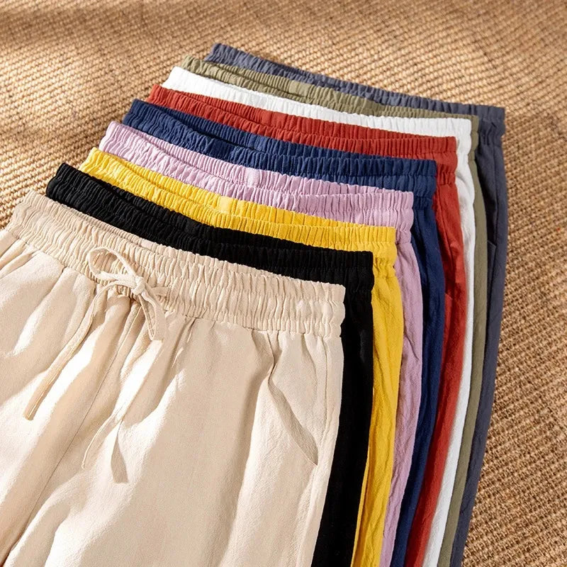 Women Pants Spring Autumn Ankle Length Casual Straight Pencil Solid Elastic Waist Harem Girls Pants Thin Cotton Linen Trousers