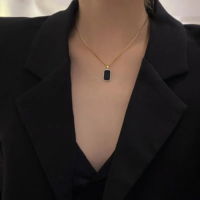 Stainless Steel Minimalist Square Pendant Korean Black Enamel Women's Gold Color Vintage Necklace Exquisite Long Jewelry Gift