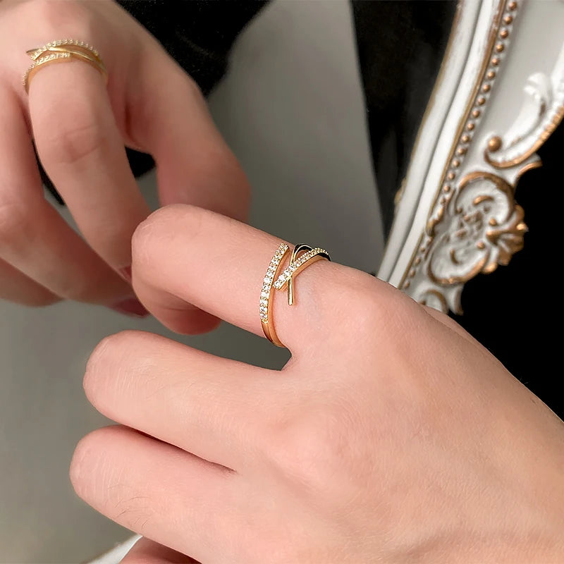 New Charming 14K Real Gold Cross Opening Rings for Women Adjustable Design Beautiful Jewelry Shiny AAA Zircon Wedding Party Gift