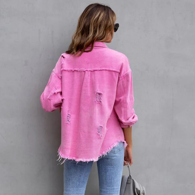 New In 2023 Spring Autumn Fashion Loose Long Denim Jacket With Torn Holes Women Streetwear Tassel Pink Casual Jean Coats