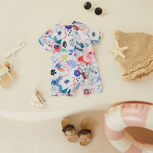 Tregren 0-3Y Infant Baby Girls Boys Rash Guard Swimsuit Watercolour Print Zipper Short Sleeve Sun Protection Beach Bathing Suit