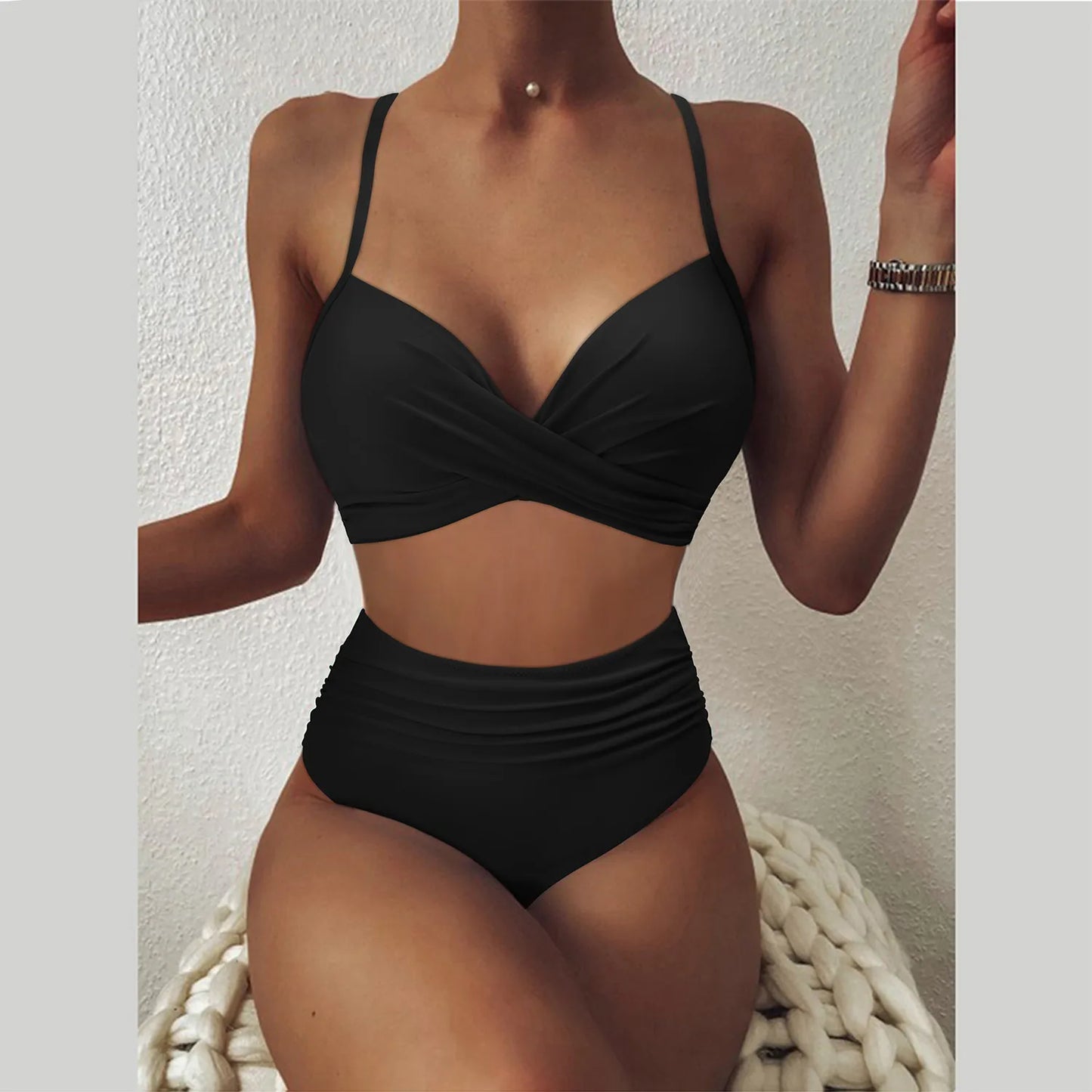 Push Up Bikini Swimsuit Women Sexy Solid Swimwear Female Leopard Banthing Suit Ruched Beachwear XL Size High Waist Bikini  Woman