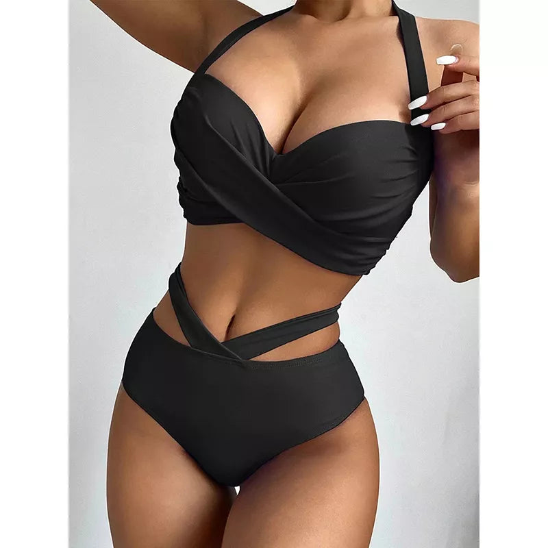 Push Up Bikini Swimsuit Women Sexy Solid Swimwear Female Leopard Banthing Suit Ruched Beachwear XL Size High Waist Bikini  Woman